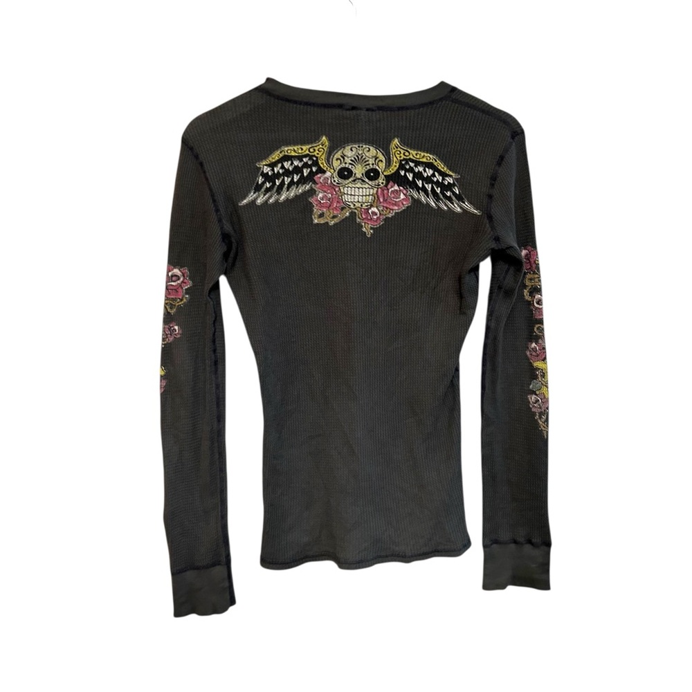 Y2K‎ lucky brand S waffle thermal Henley tattoo graphic skull roses indie rock